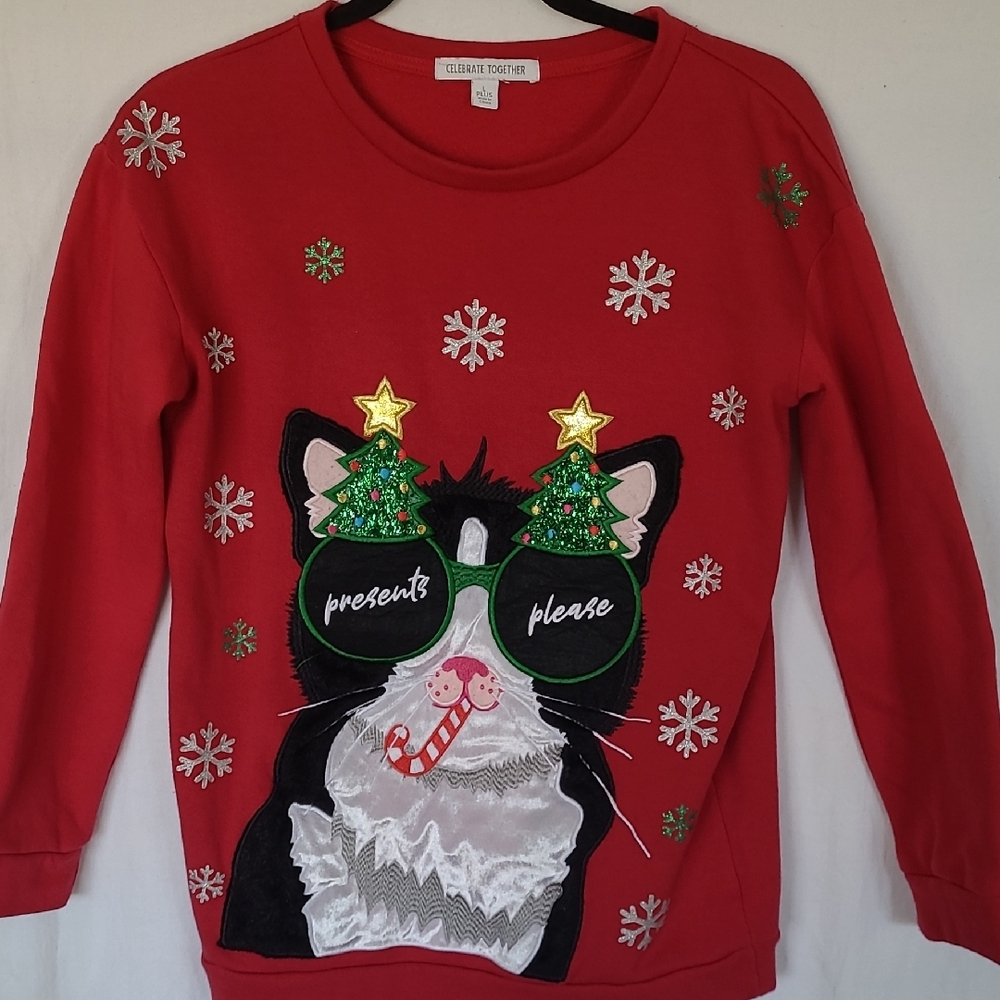 CELEBRATE TOGETHER Christmas Sweatshirt Large Plus Red Cat Candycane Spark Ugly